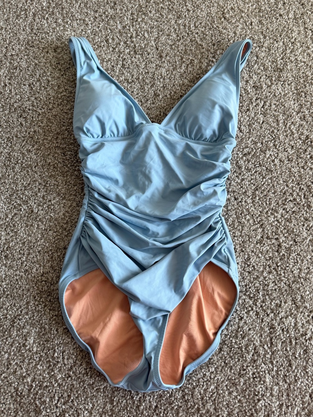 J. Crew Light Blue Ruched Plunge One-Piece Swimsuit Tummy Control Coastal SZ 6